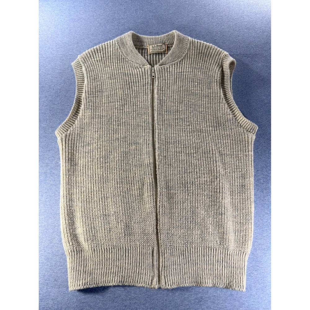 Vintage LL Bean High Trek Yarn Full Zip Sweater Vest Beige Mens Medium USA Made
